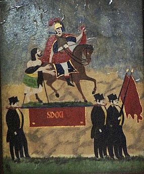 Statue de St Martin des Francs Arquebusiers portée par des officiers, huile du 19e s